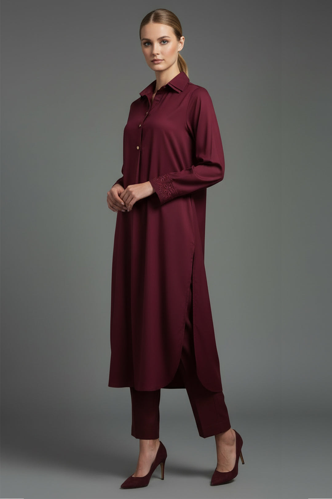 Maroon Embroidered Dress - 011