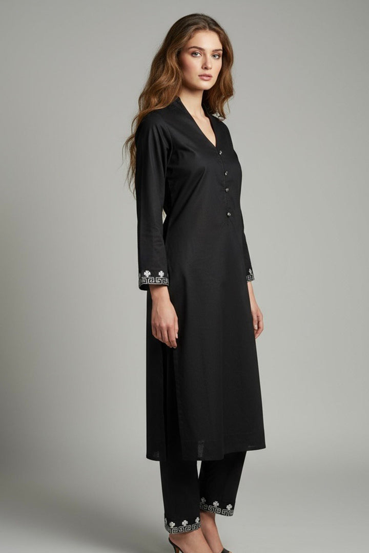 2 Pcs Black Embroidered Dress - 040 - Peach Republic