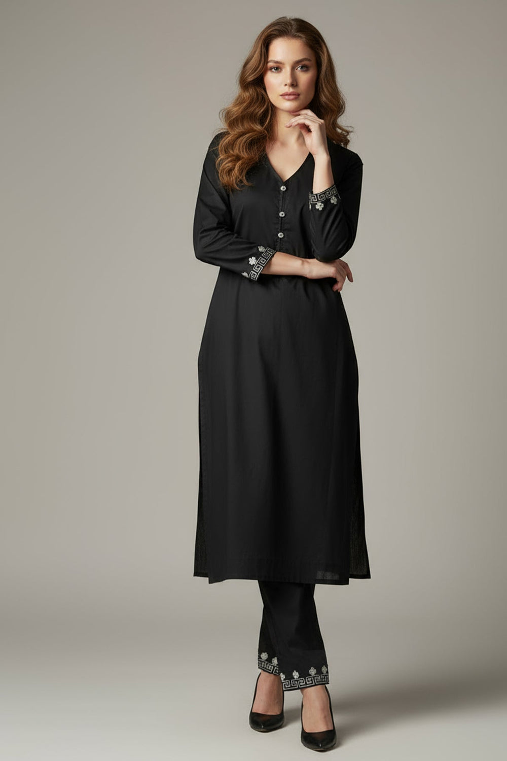 2 Pcs Black Embroidered Dress - 040 - Peach Republic