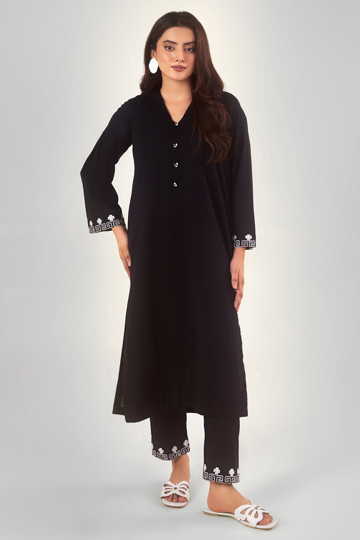 2 Pcs Black Embroidered Dress - 040 - Peach Republic