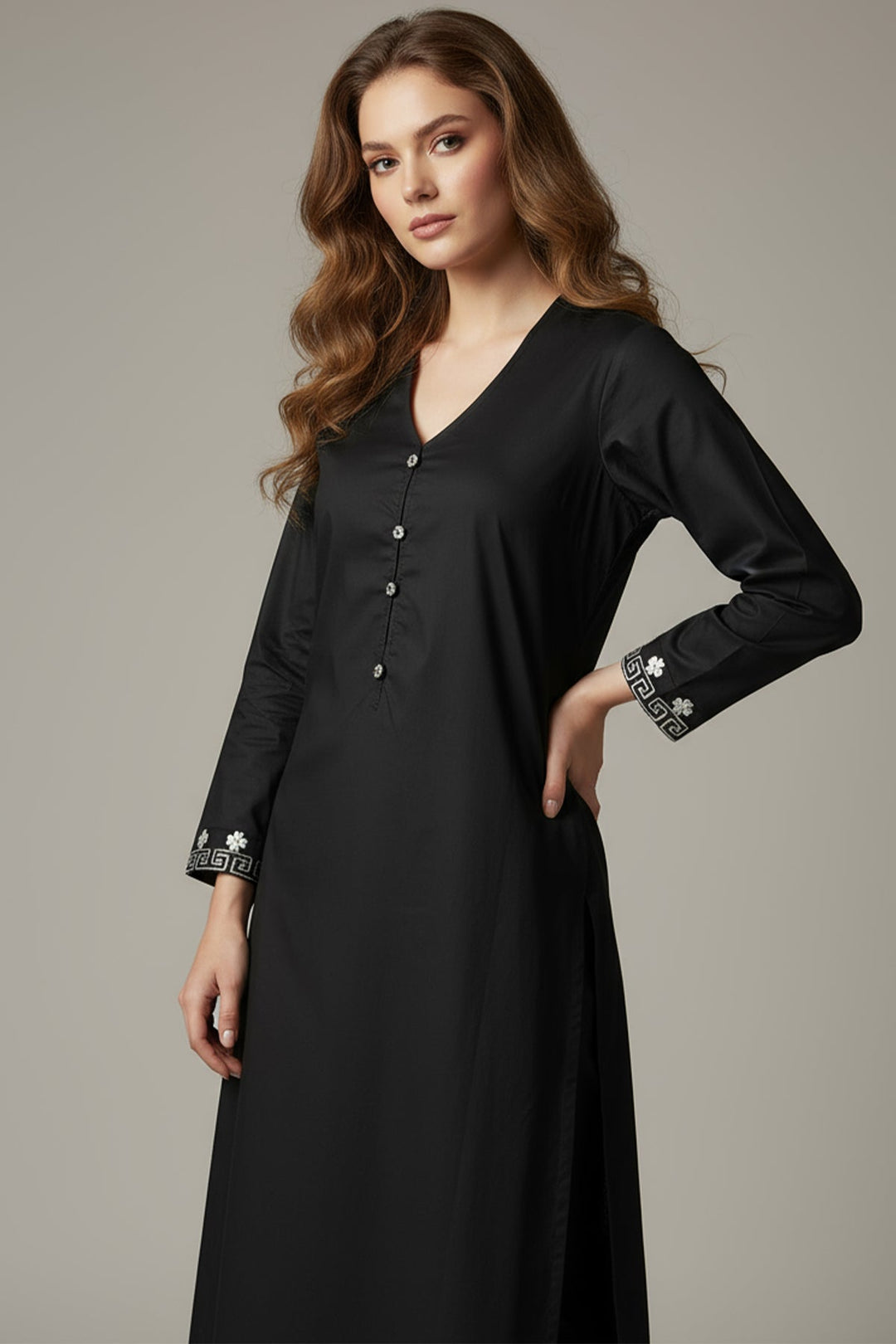 2 Pcs Black Embroidered Dress - 040 - Peach Republic