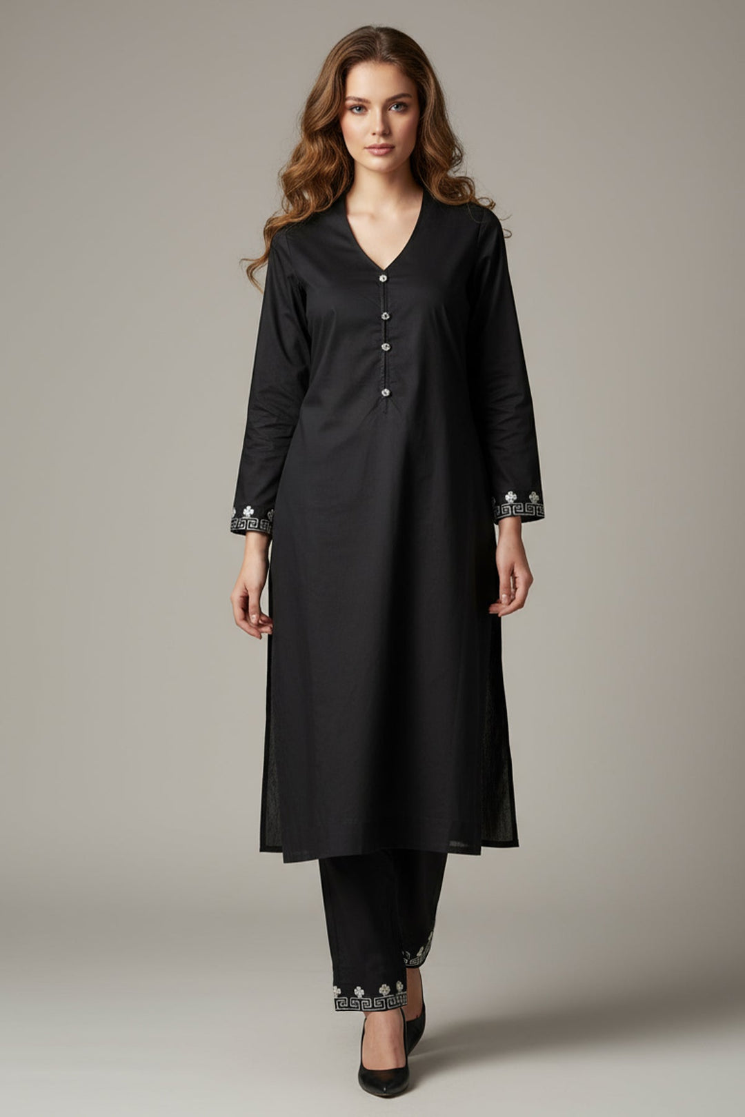 2 Pcs Black Embroidered Dress - 040 - Peach Republic