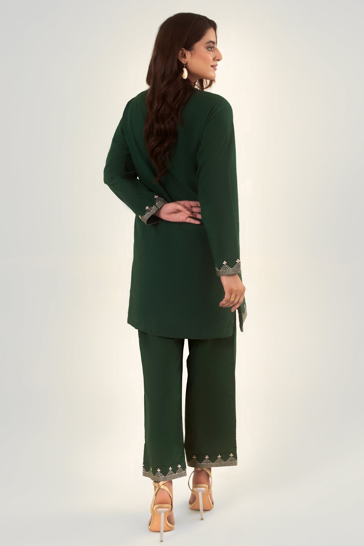 2 Pcs Bottle Green Embroidered Dress - Peach Republic
