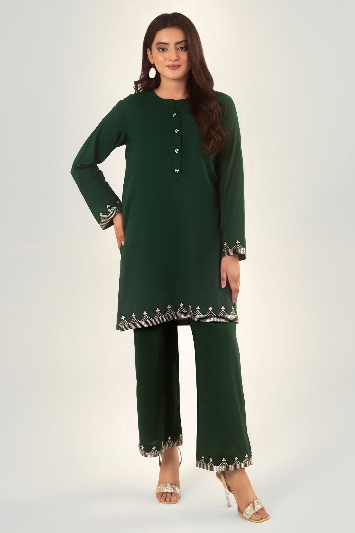 2 Pcs Bottle Green Embroidered Dress - Peach Republic