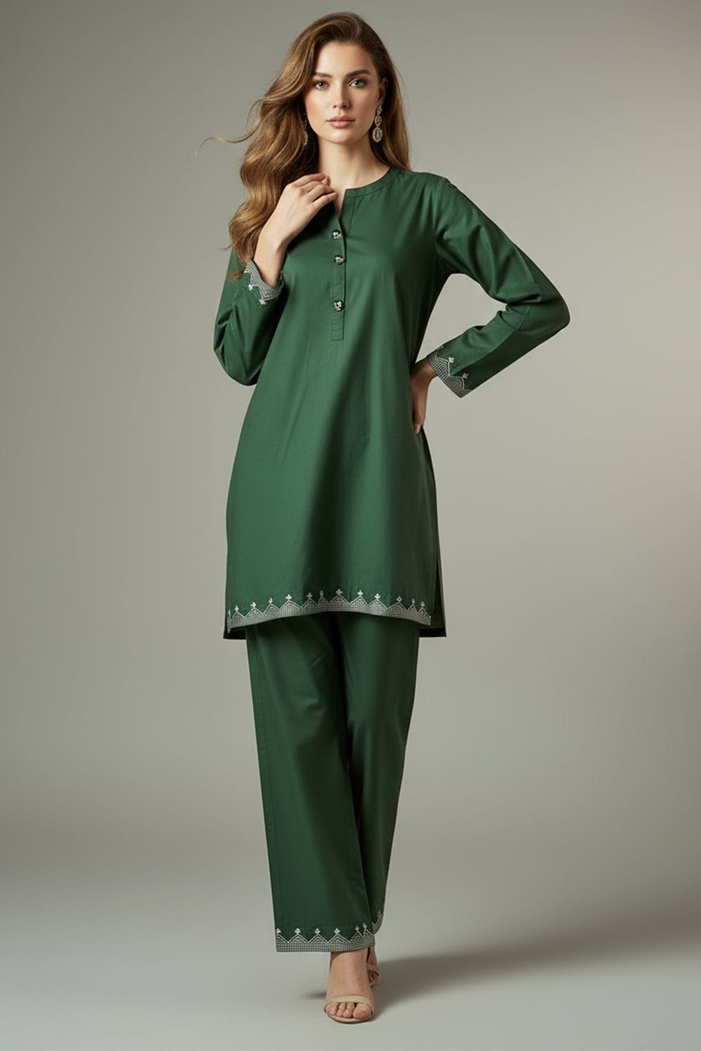 2 Pcs Bottle Green Embroidered Dress - Peach Republic