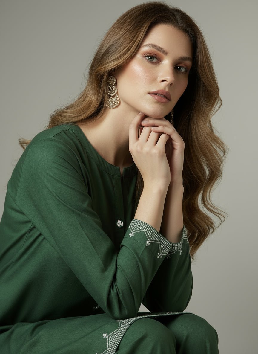 2 Pcs Bottle Green Embroidered Dress - Peach Republic
