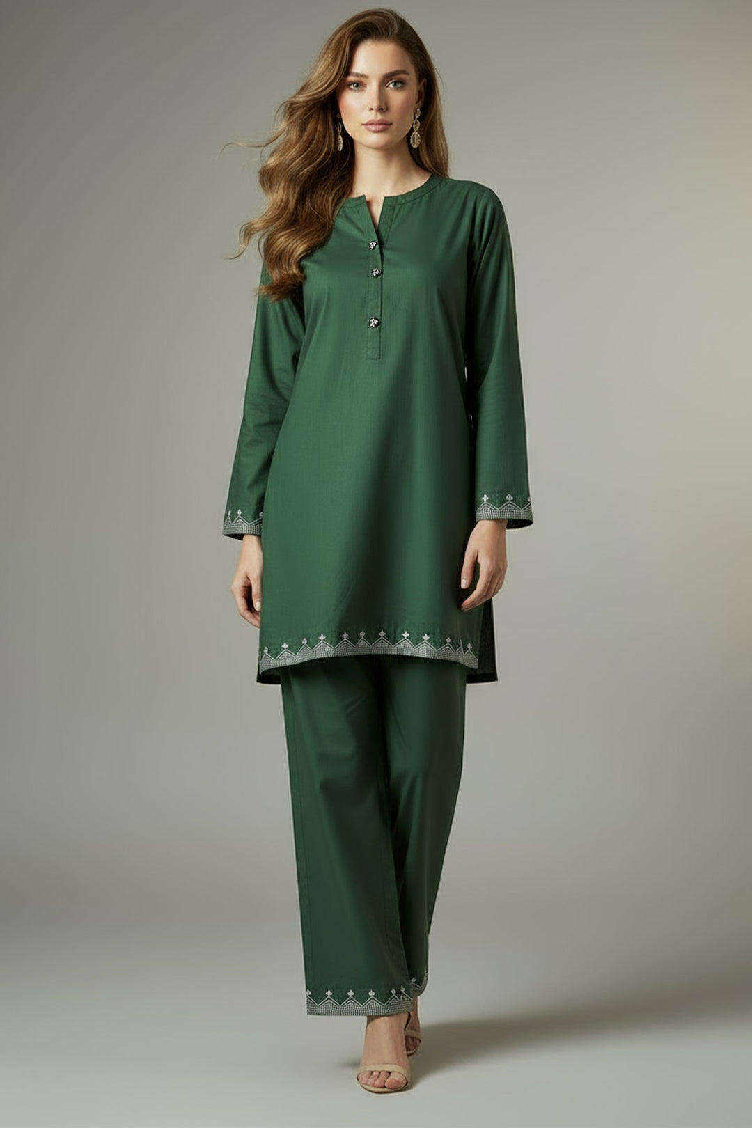 2 Pcs Bottle Green Embroidered Dress - Peach Republic