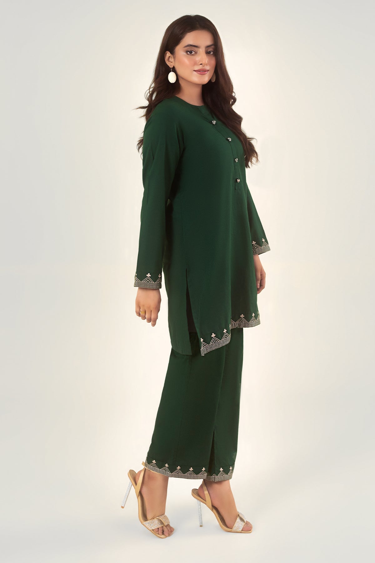 2 Pcs Bottle Green Embroidered Dress - Peach Republic
