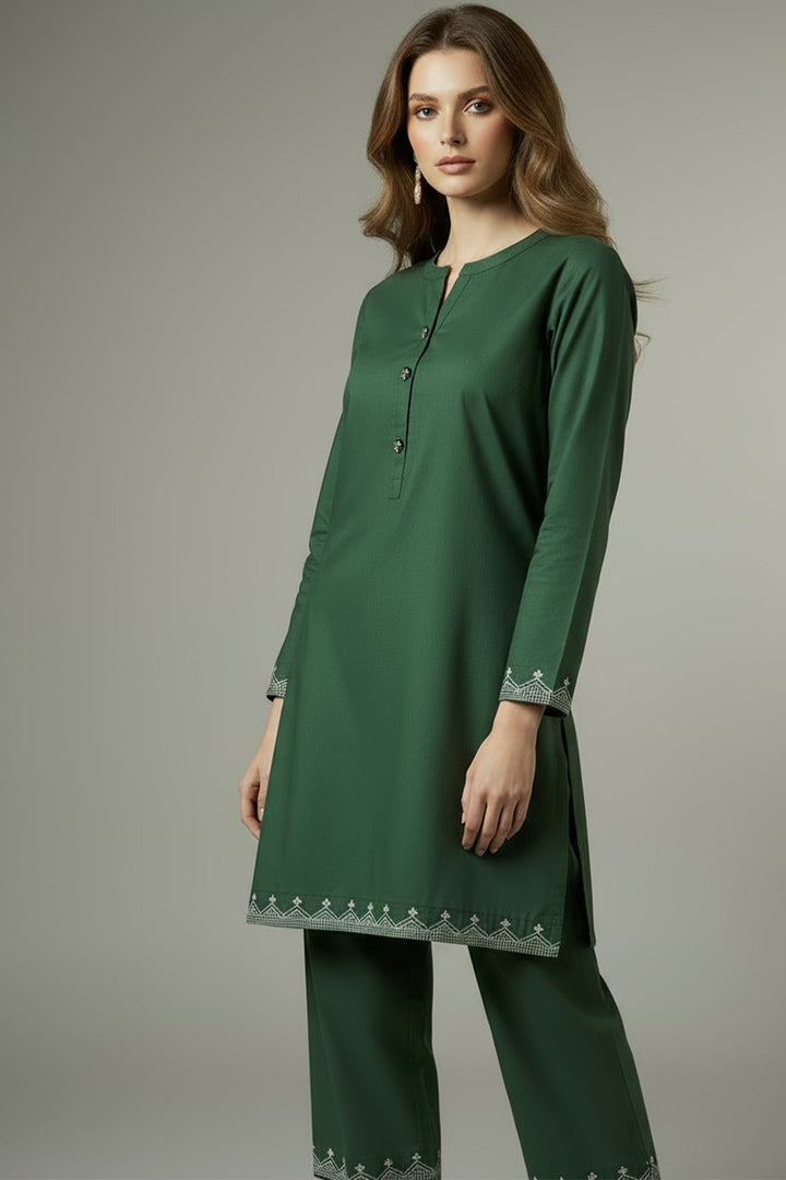2 Pcs Bottle Green Embroidered Dress - Peach Republic