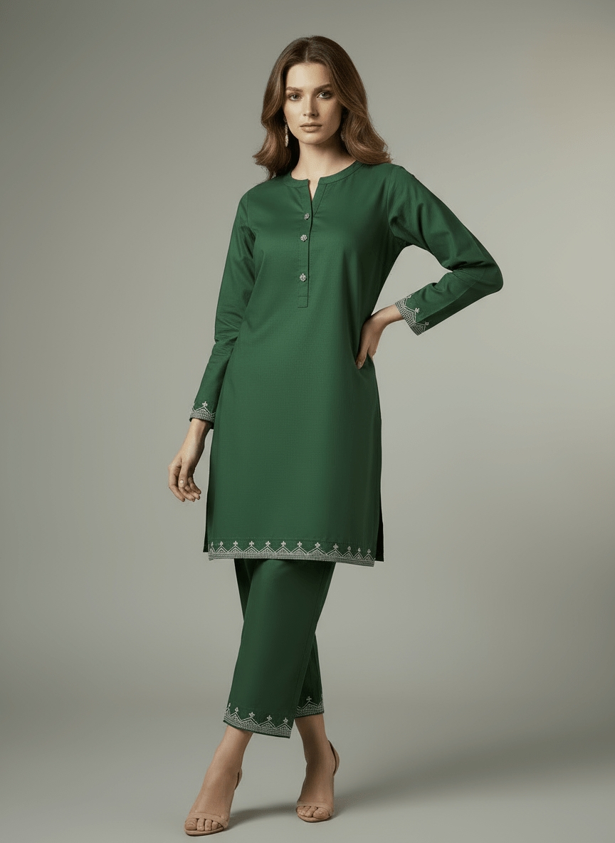 2 Pcs Bottle Green Embroidered Dress - Peach Republic