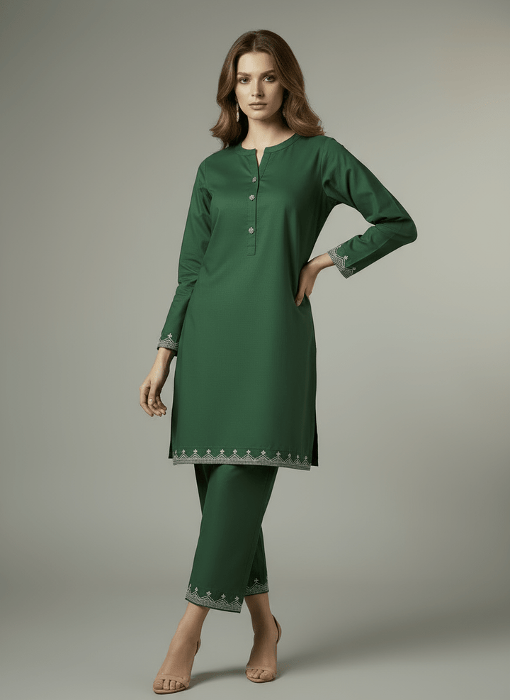2 Pcs Bottle Green Embroidered Dress - Peach Republic