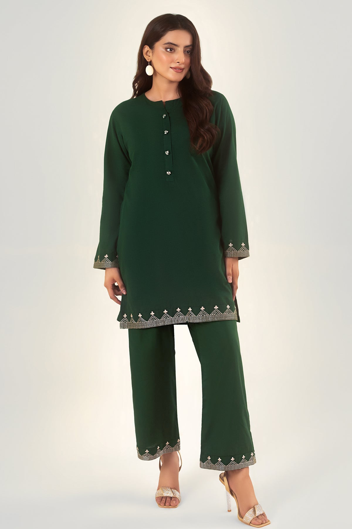 2 Pcs Bottle Green Embroidered Dress - Peach Republic