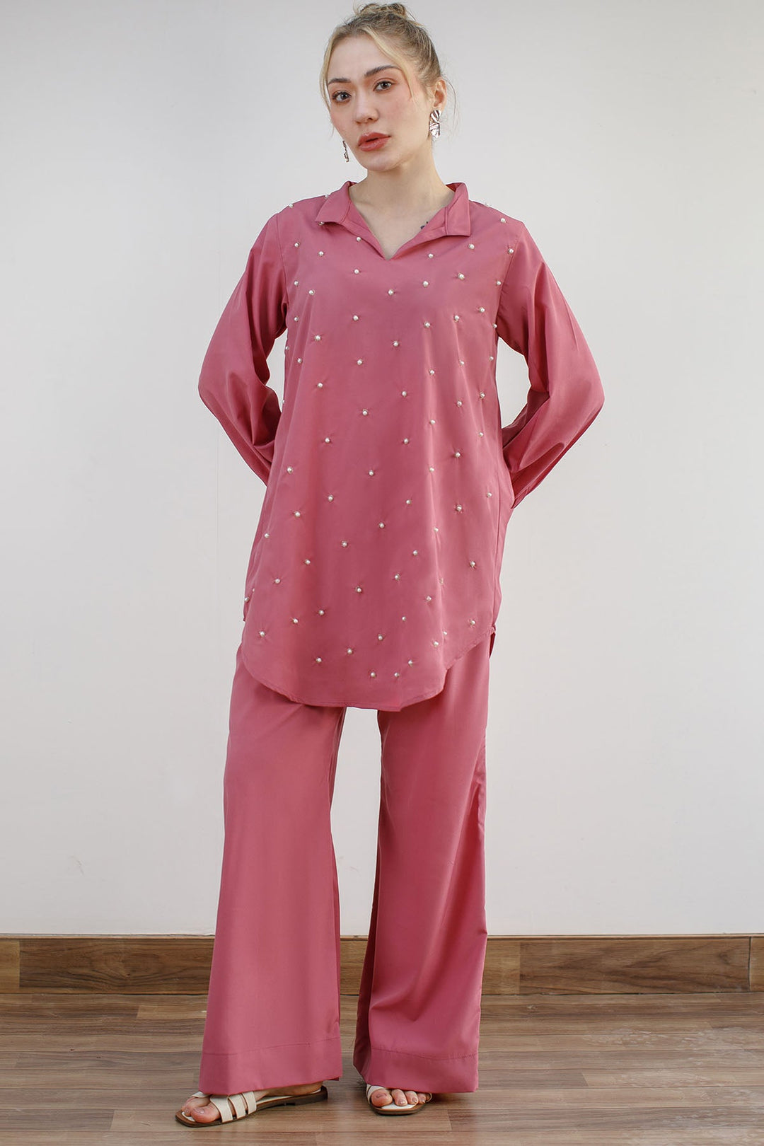 2 pcs Embellished Co Ord Set - 03 - Peach Republic