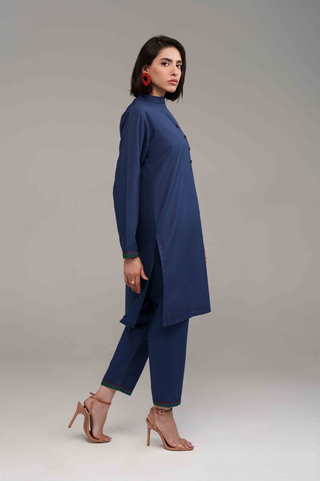 2 Pcs Navy Blue Embroidered Suit - 03 - Peach Republic