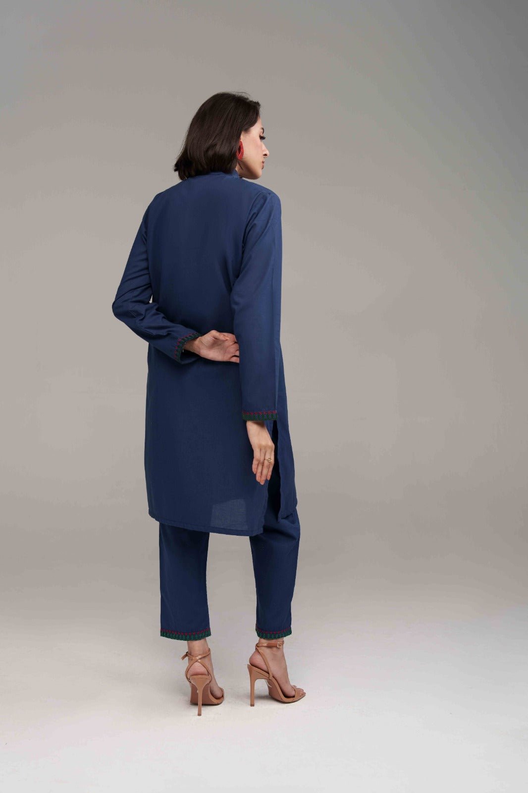 2 Pcs Navy Blue Embroidered Suit - 03 - Peach Republic