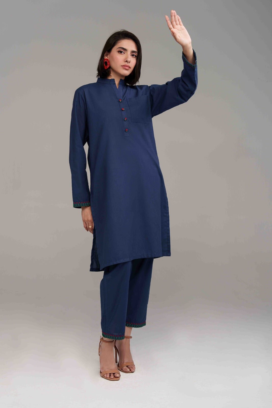2 Pcs Navy Blue Embroidered Suit - 03 - Peach Republic