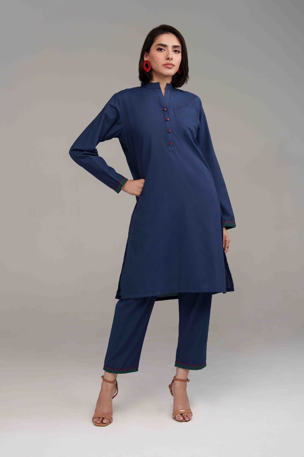 2 Pcs Navy Blue Embroidered Suit - 03 - Peach Republic