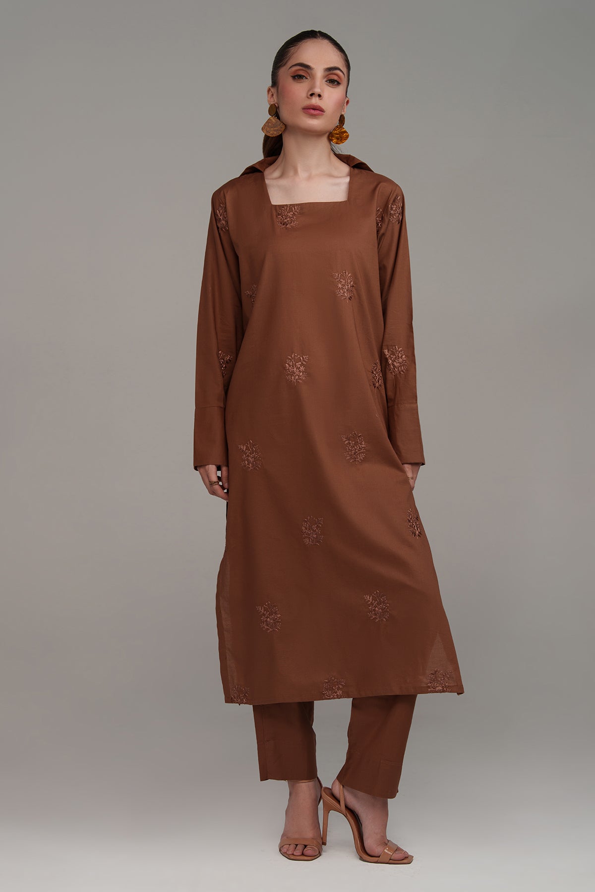2 Pcs Pastel Brown Embroidered Suit - 02 - Peach Republic