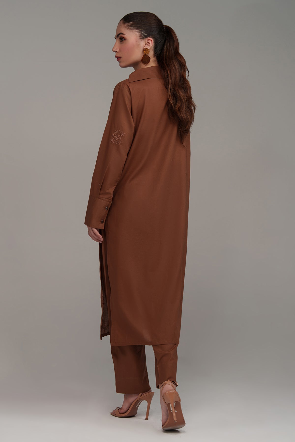 2 Pcs Pastel Brown Embroidered Suit - 02 - Peach Republic