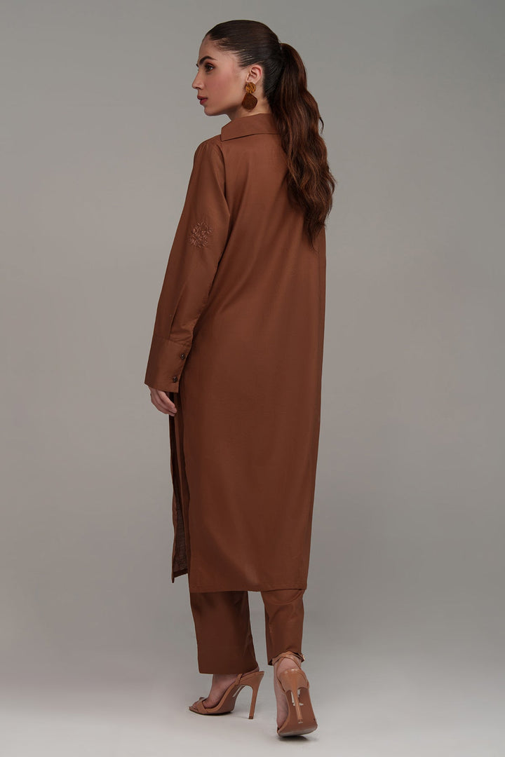 2 Pcs Pastel Brown Embroidered Suit - 02 - Peach Republic
