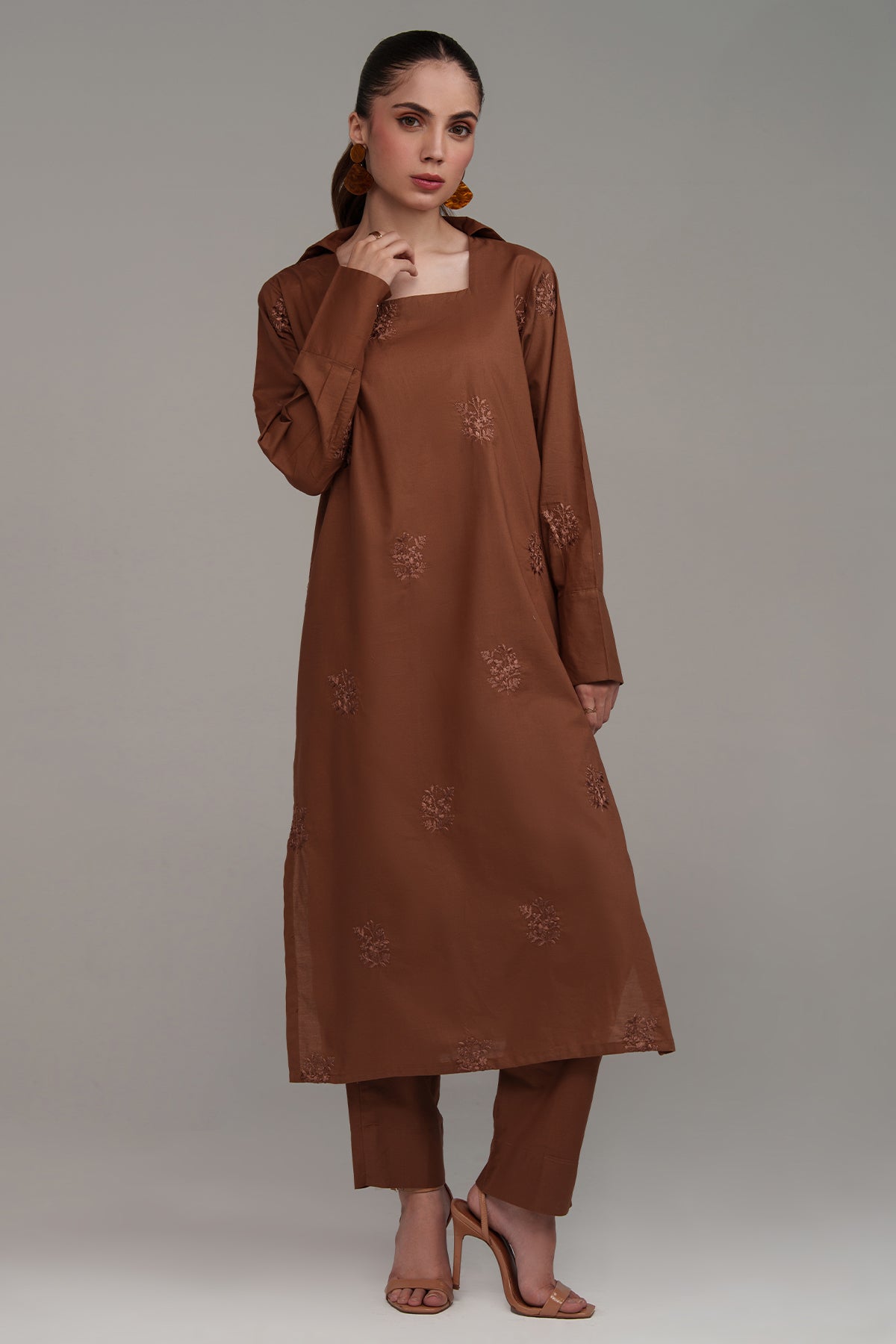2 Pcs Pastel Brown Embroidered Suit - 02 - Peach Republic