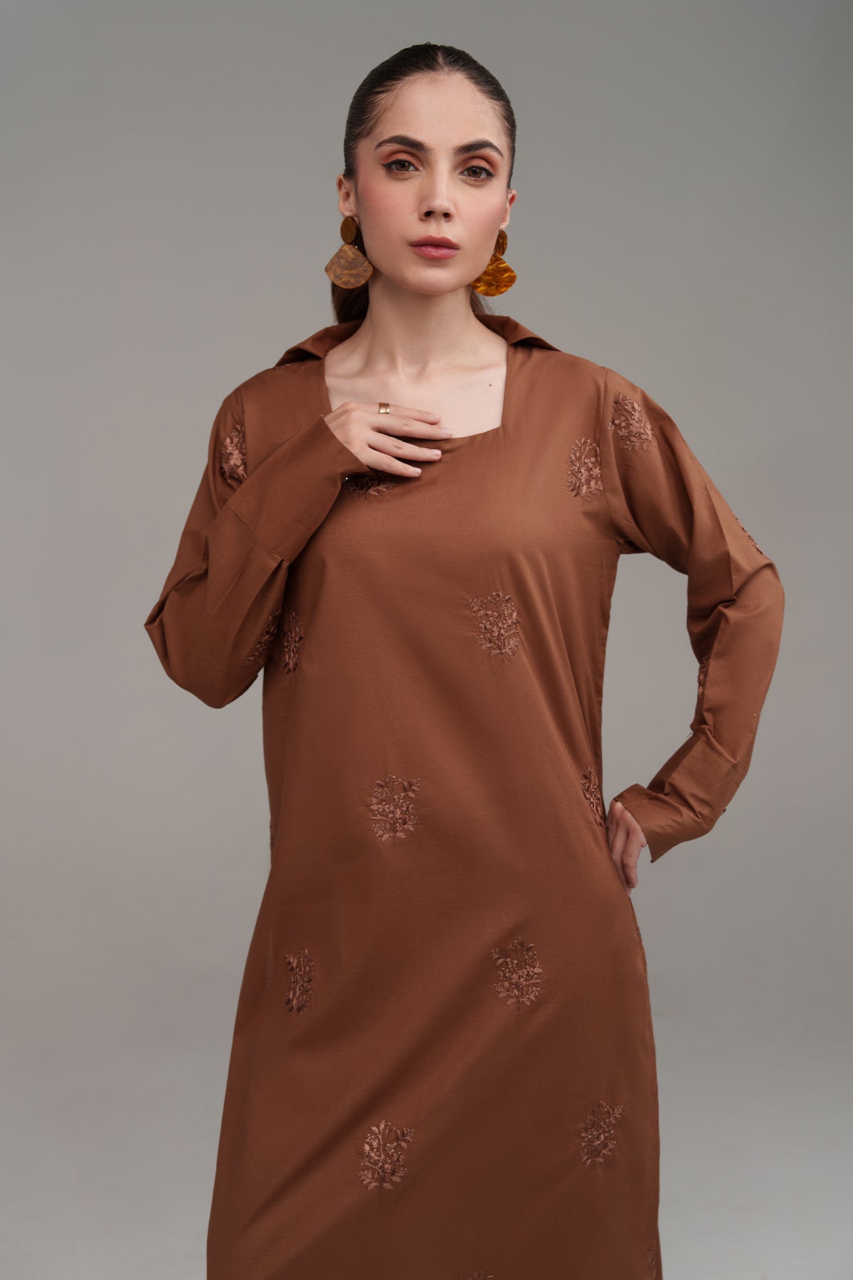 2 Pcs Pastel Brown Embroidered Suit - 02 - Peach Republic