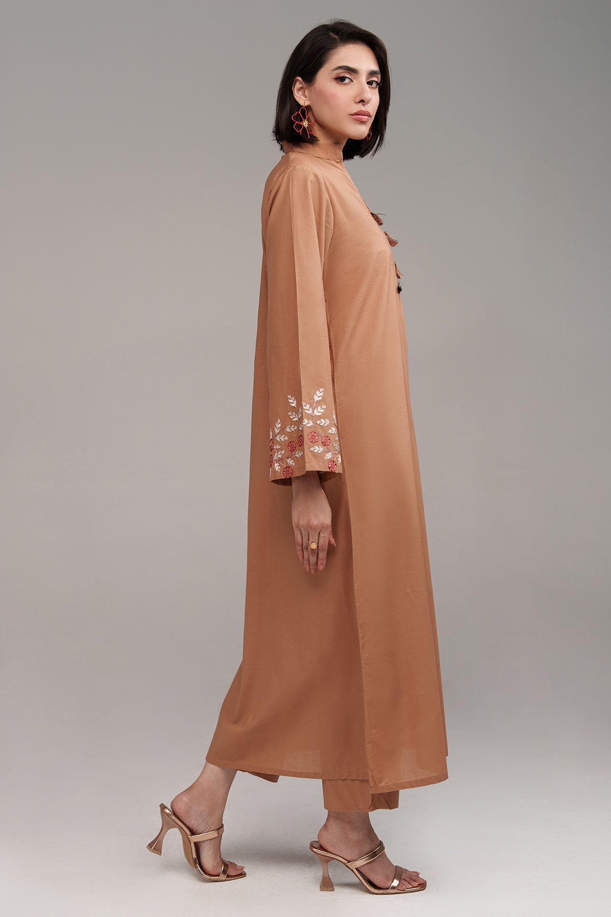 2 Pcs Pastel Brown Embroidered Suit - Peach Republic
