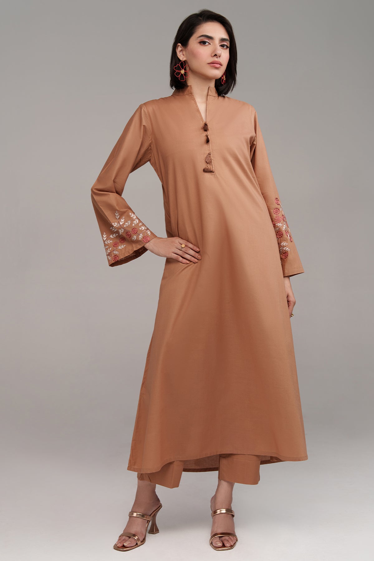 2 Pcs Pastel Brown Embroidered Suit - Peach Republic