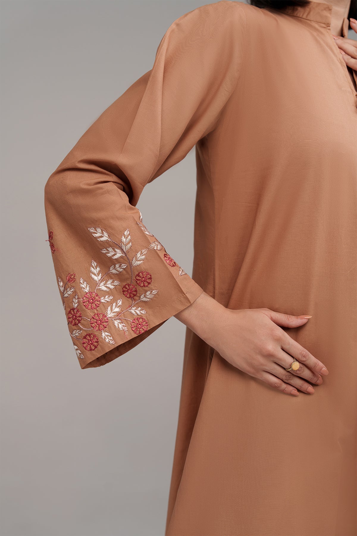 2 Pcs Pastel Brown Embroidered Suit - Peach Republic