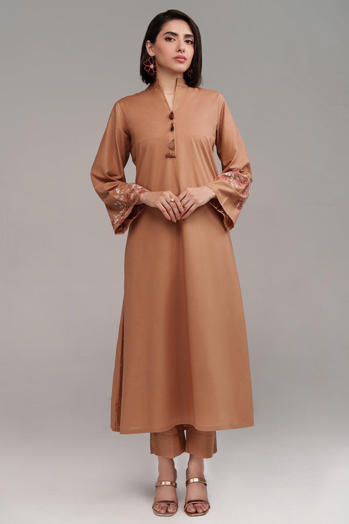 2 Pcs Pastel Brown Embroidered Suit - Peach Republic