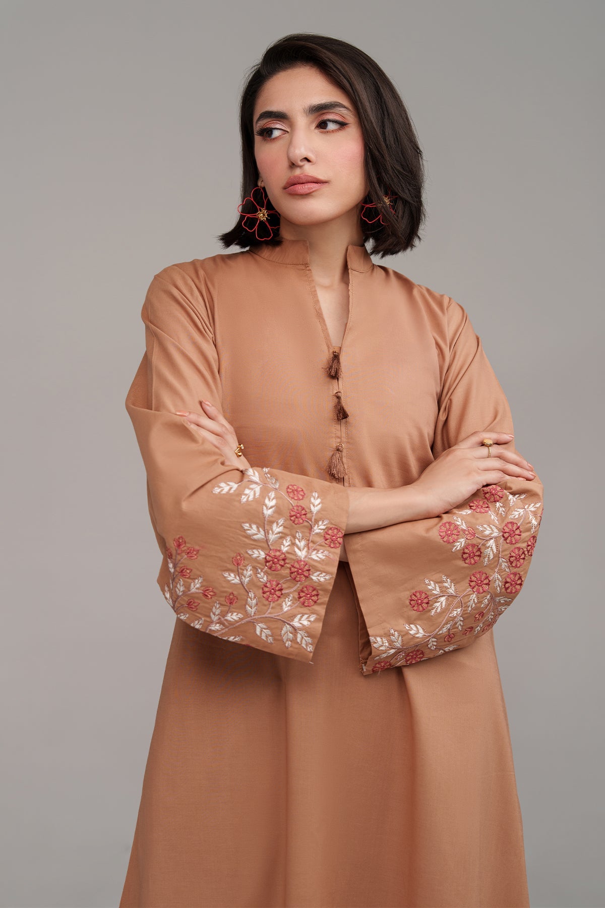 2 Pcs Pastel Brown Embroidered Suit - Peach Republic