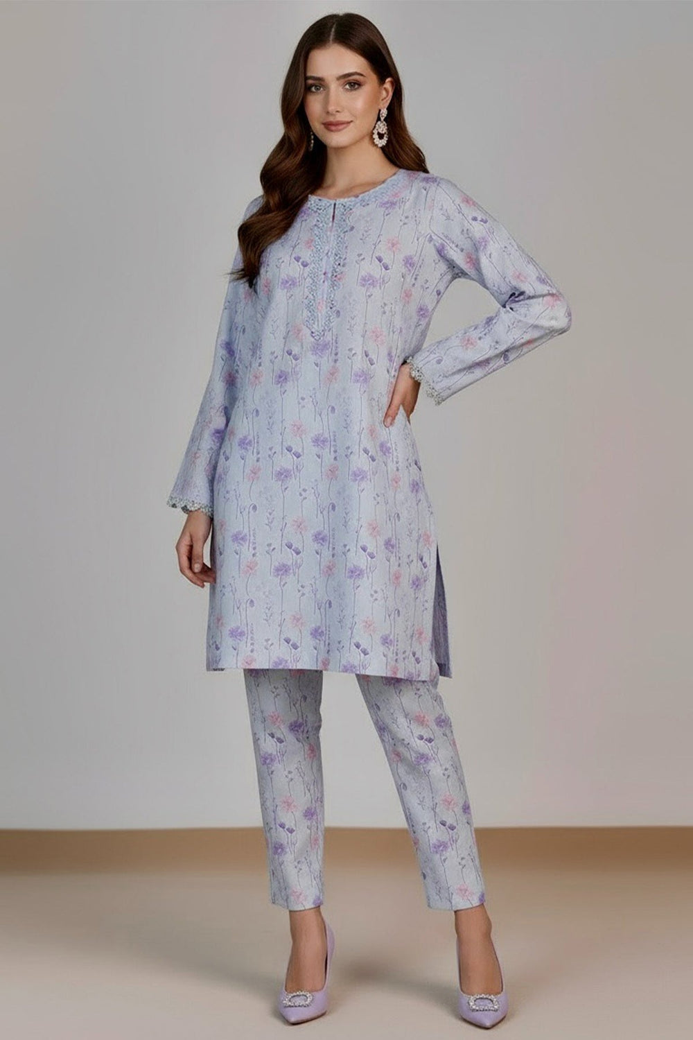 2 Pcs Printed Suit - 26 - Peach Republic