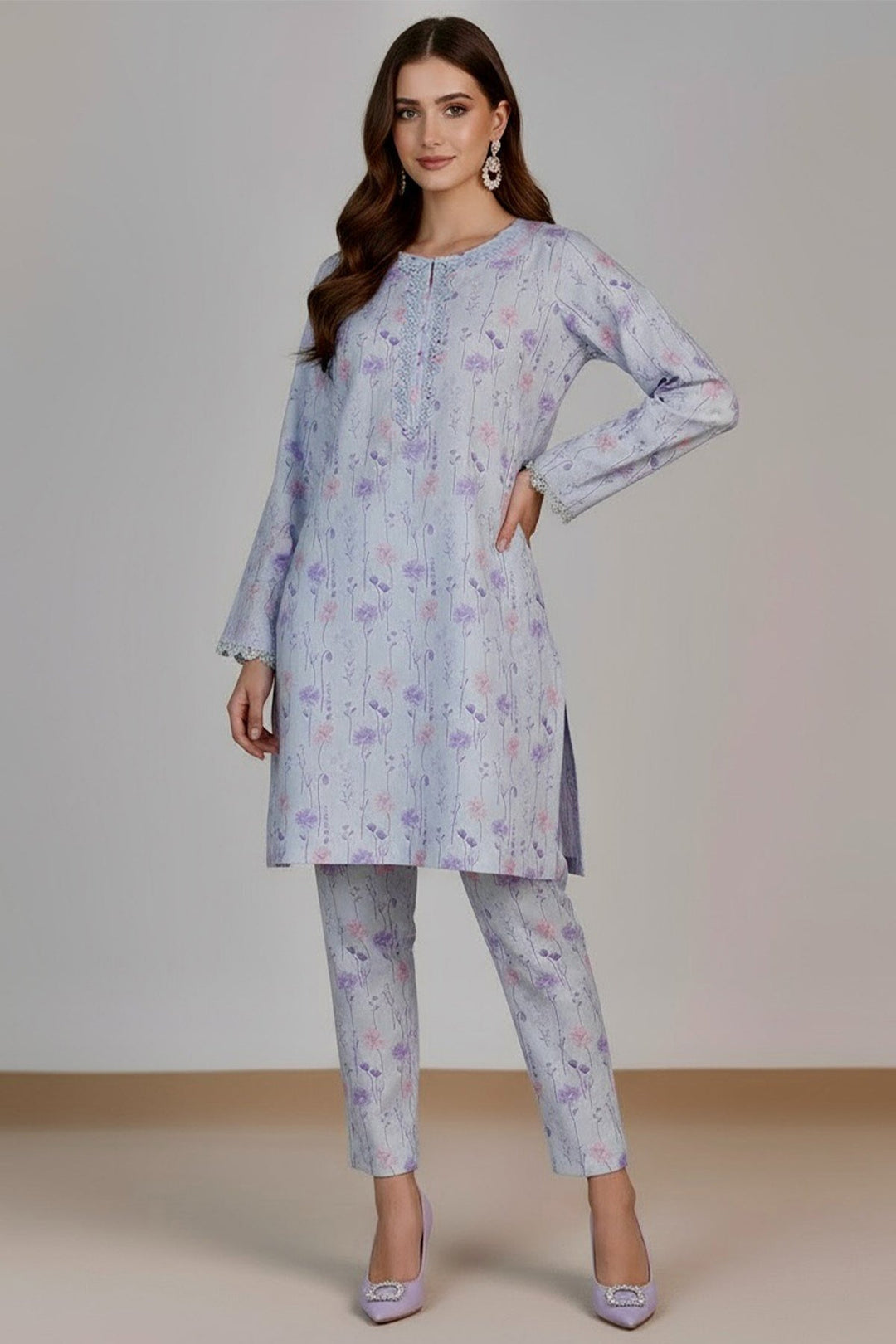 2 Pcs Printed Suit - 26 - Peach Republic