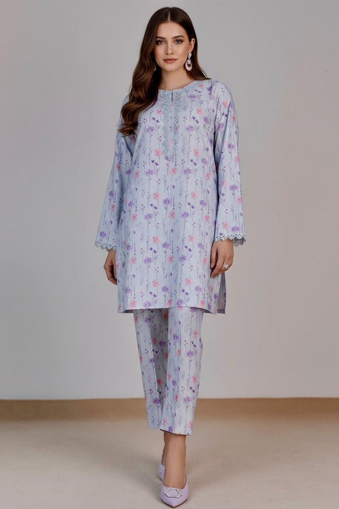 2 Pcs Printed Suit - 26 - Peach Republic