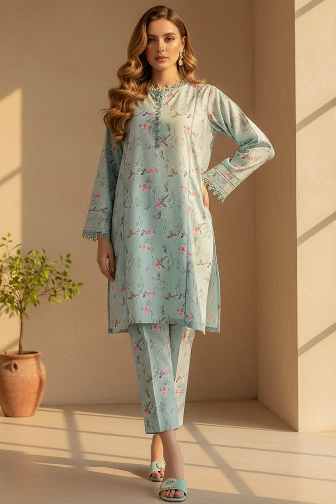 2 Pcs Printed Suit - 29 - Peach Republic