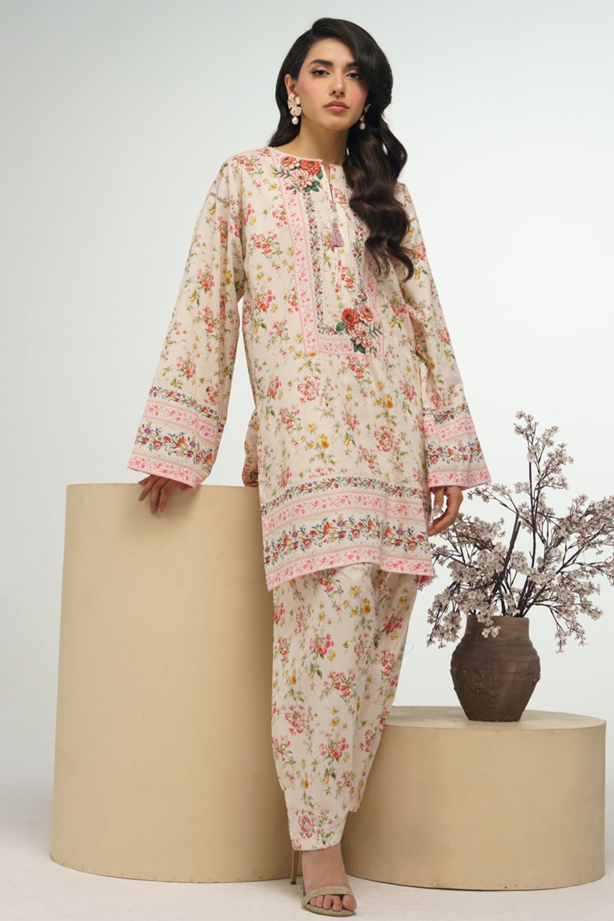 2 Pcs Printed Suit - 41 - Peach Republic