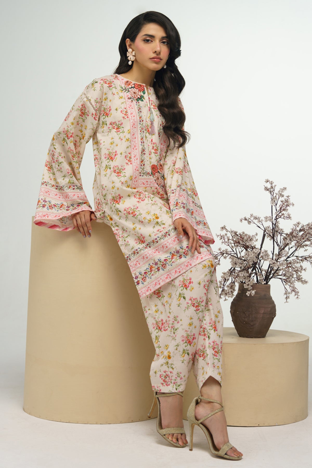 2 Pcs Printed Suit - 41 - Peach Republic