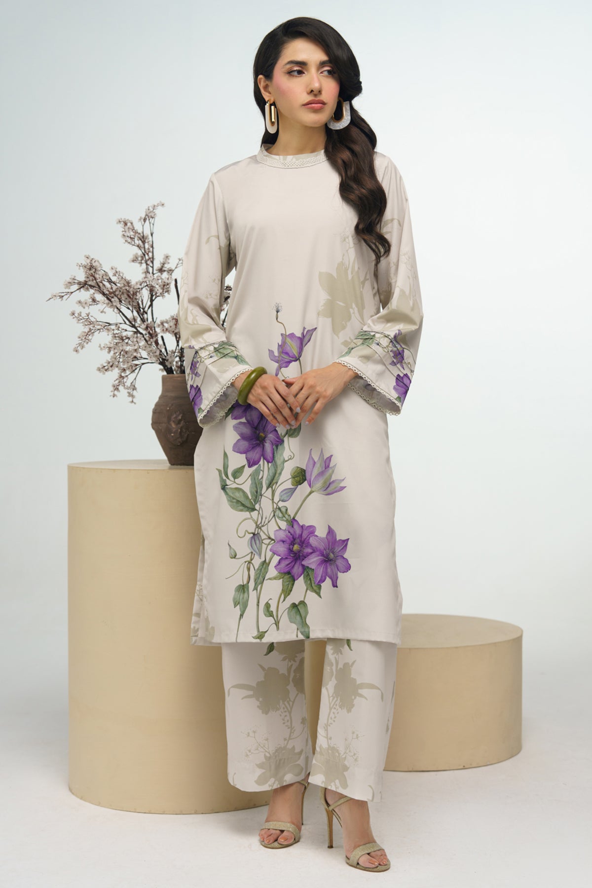 2 Pcs Printed Suit - 70 - Peach Republic