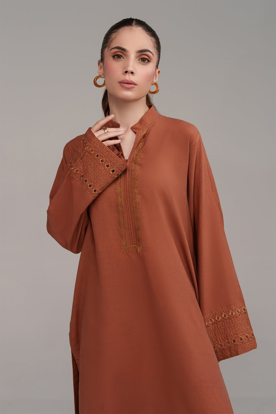 2 Pcs Rust Embroidered Suit - Peach Republic
