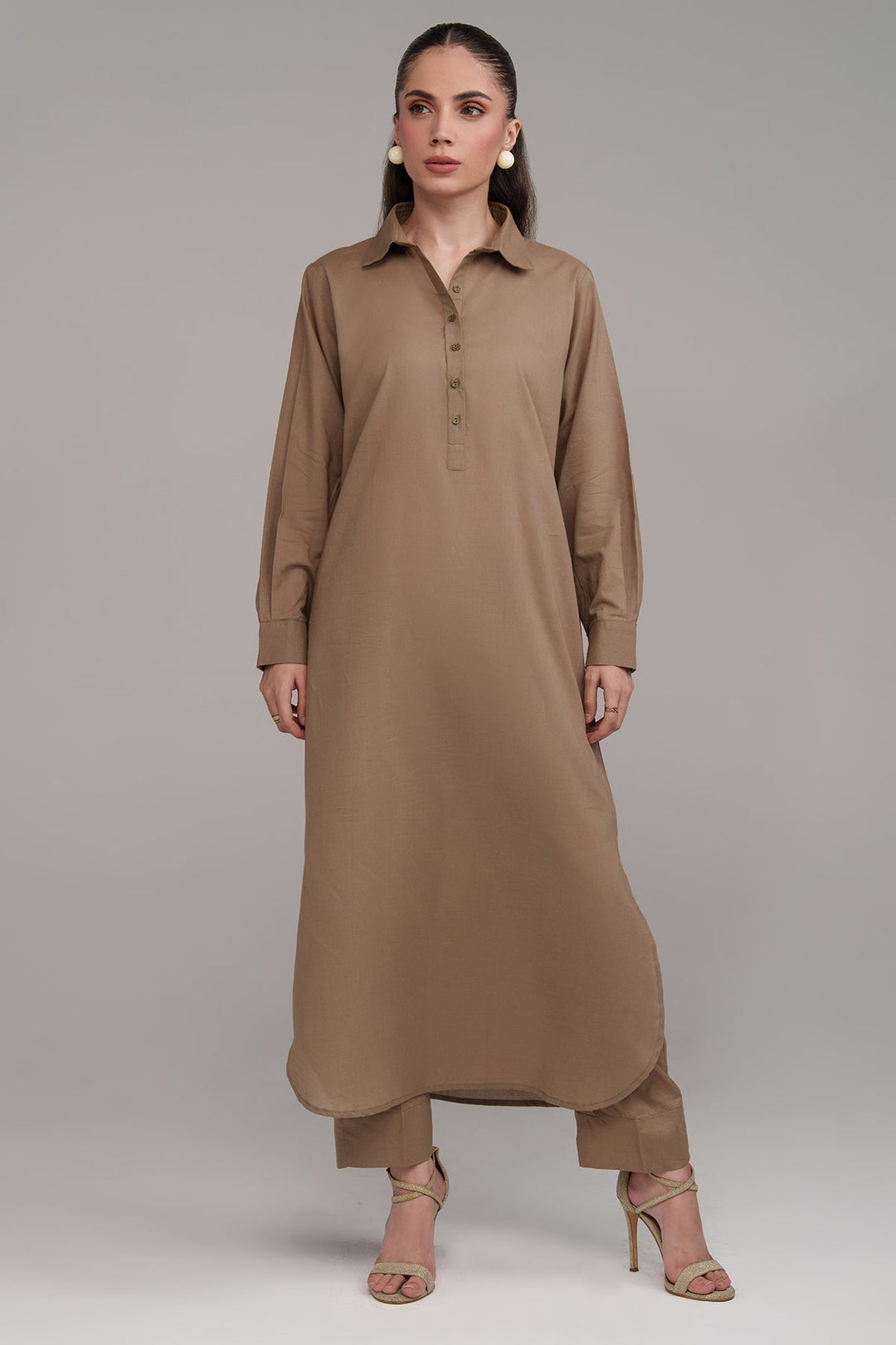 2 Pcs Sandy Brown Cambric Suit - Peach Republic