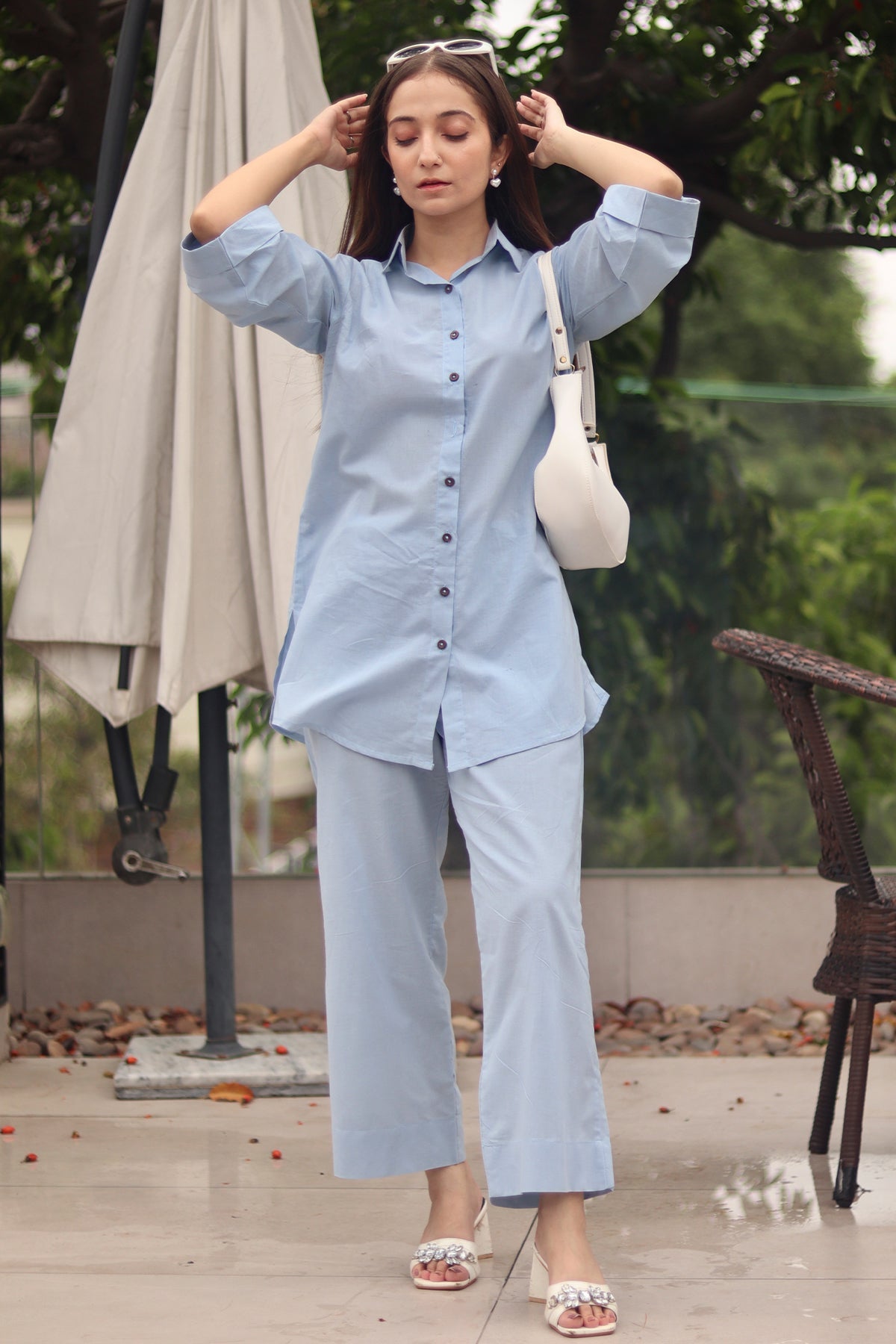 2 Pcs Sky Blue Cambric Co Ord Set - 001 - Peach Republic