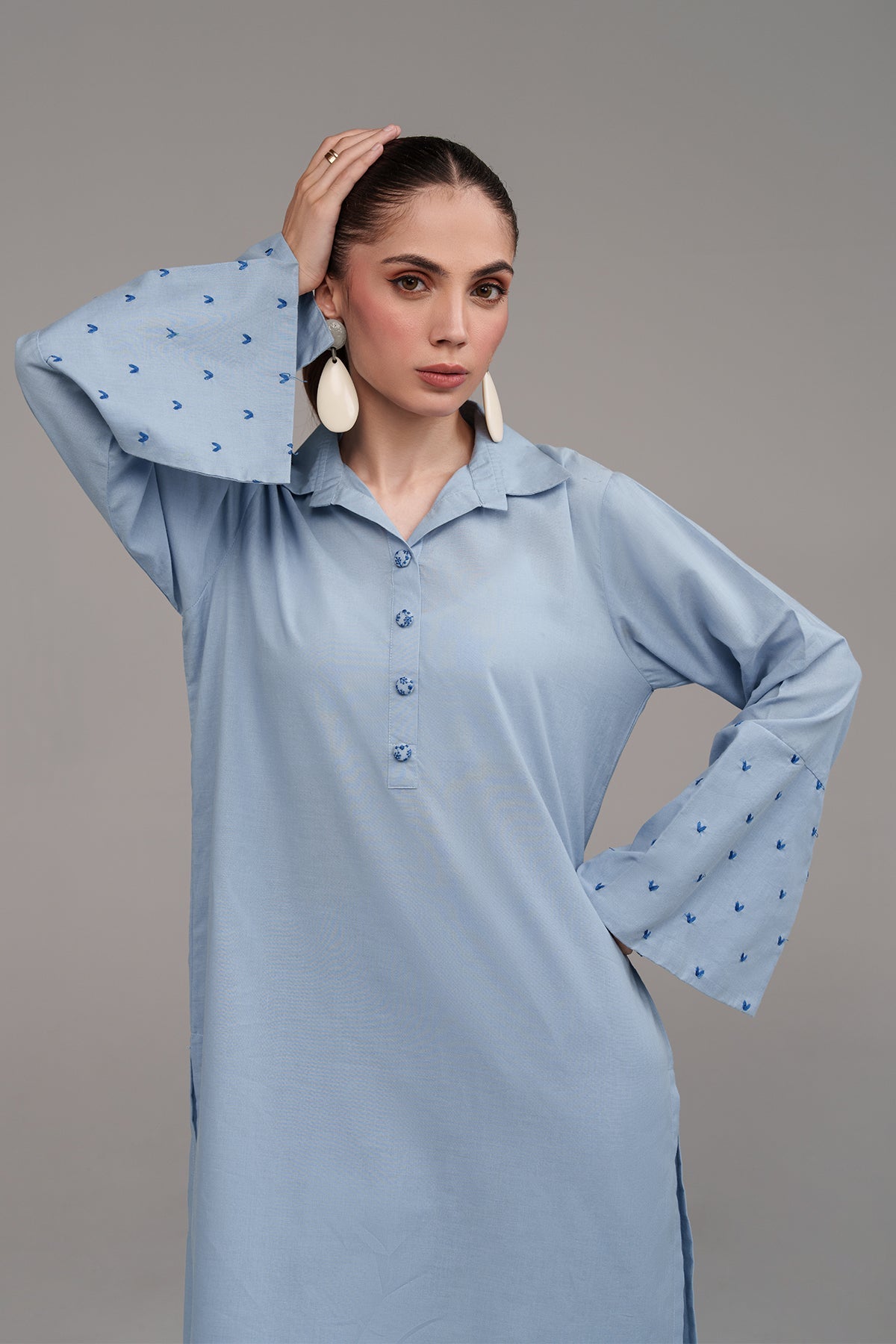 2 Pcs Sky Blue Embroidered Dress - Peach Republic