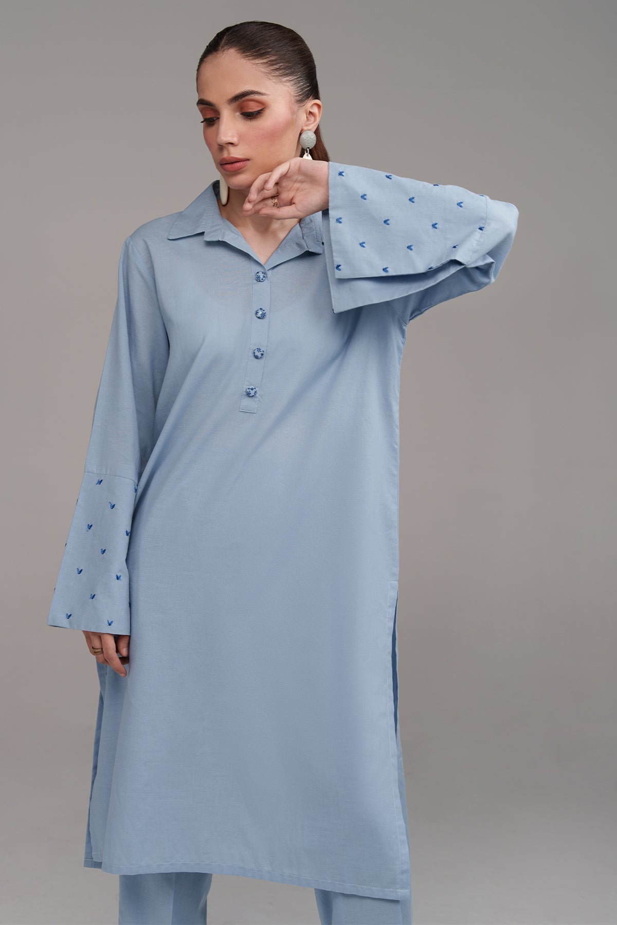 2 Pcs Sky Blue Embroidered Dress - Peach Republic