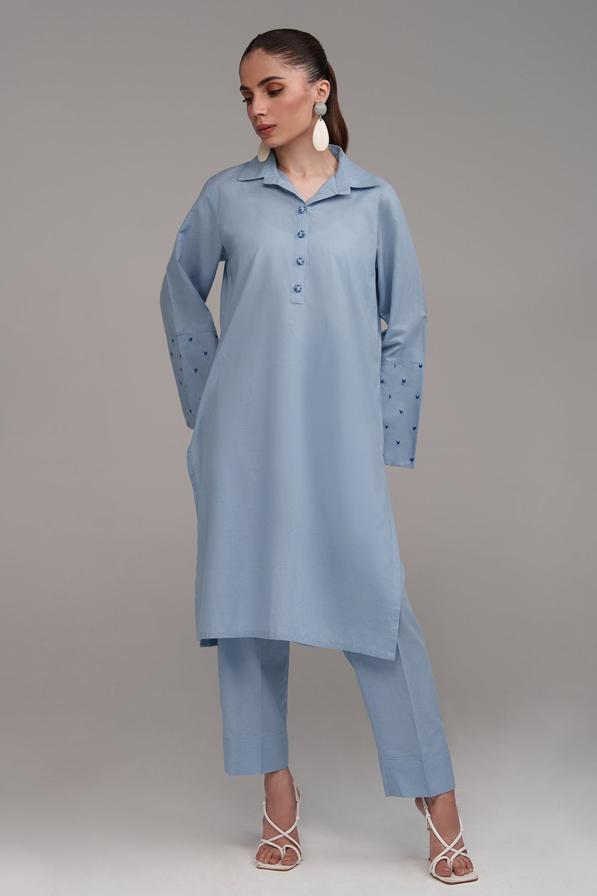 2 Pcs Sky Blue Embroidered Dress - Peach Republic
