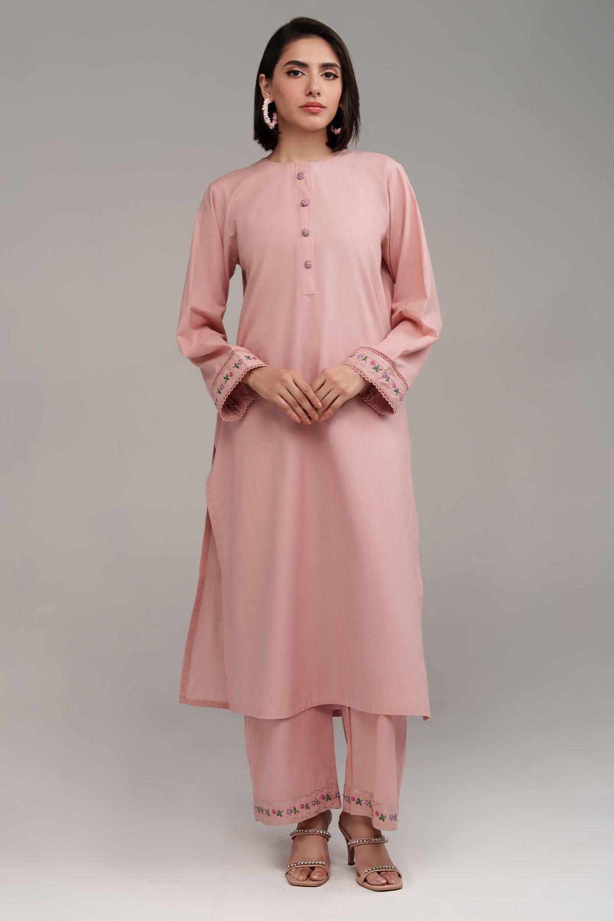2 Pcs Tea Pink Embroidered Dress - 01 - Peach Republic