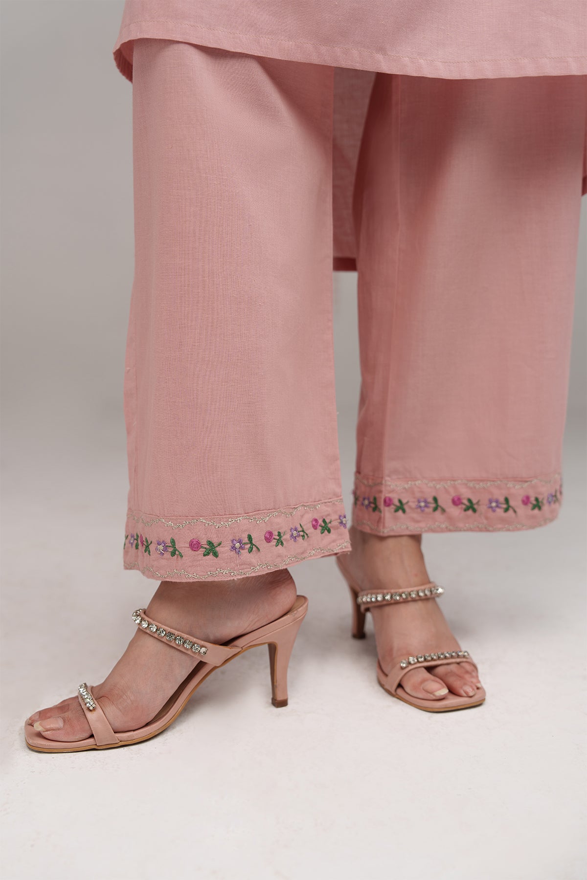 2 Pcs Tea Pink Embroidered Dress - 01 - Peach Republic