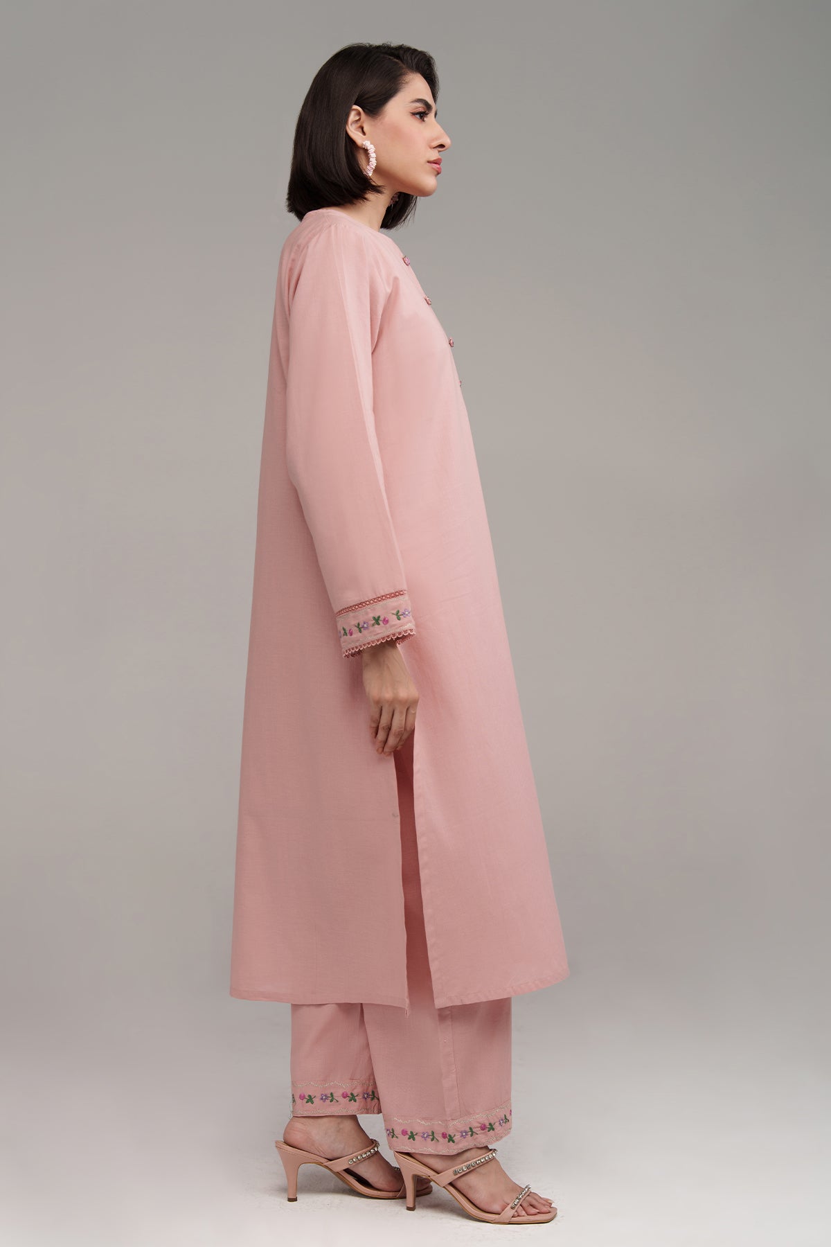 2 Pcs Tea Pink Embroidered Dress - 01 - Peach Republic