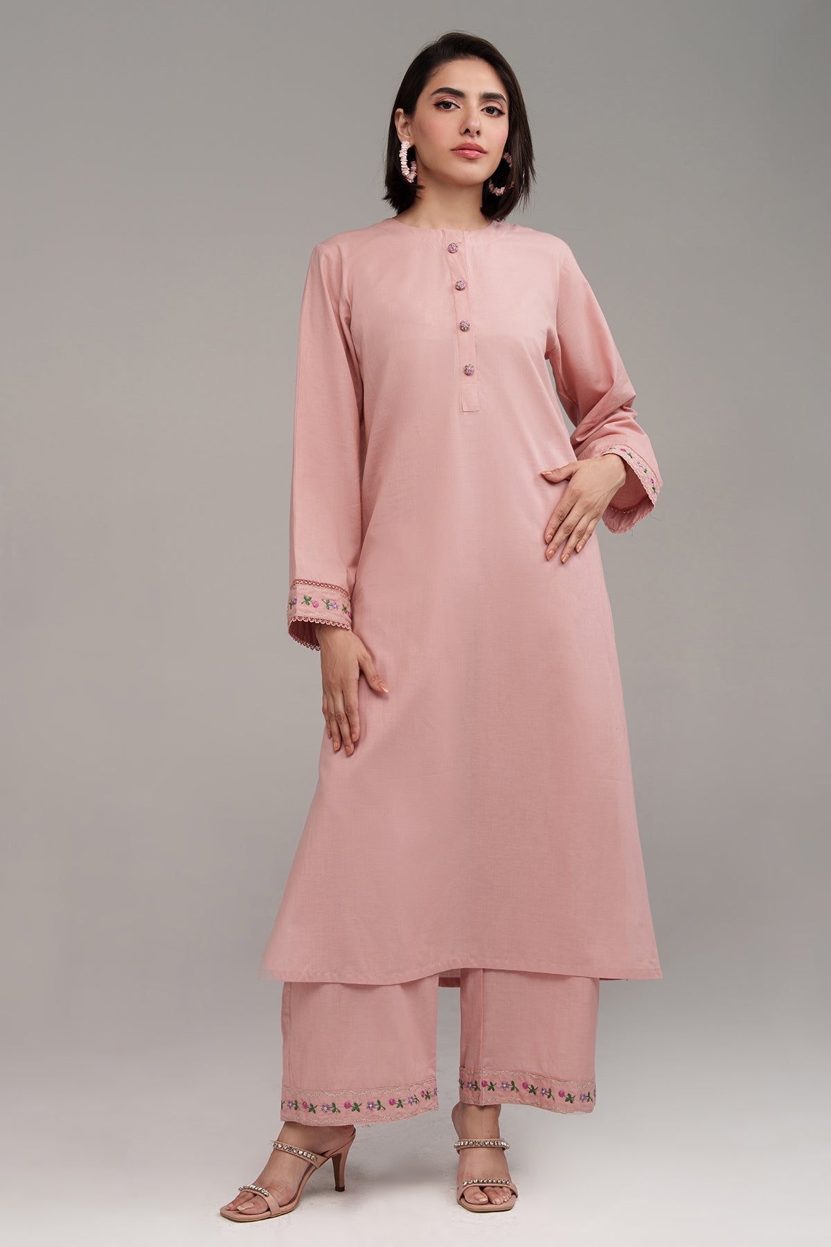 2 Pcs Tea Pink Embroidered Dress - 01 - Peach Republic