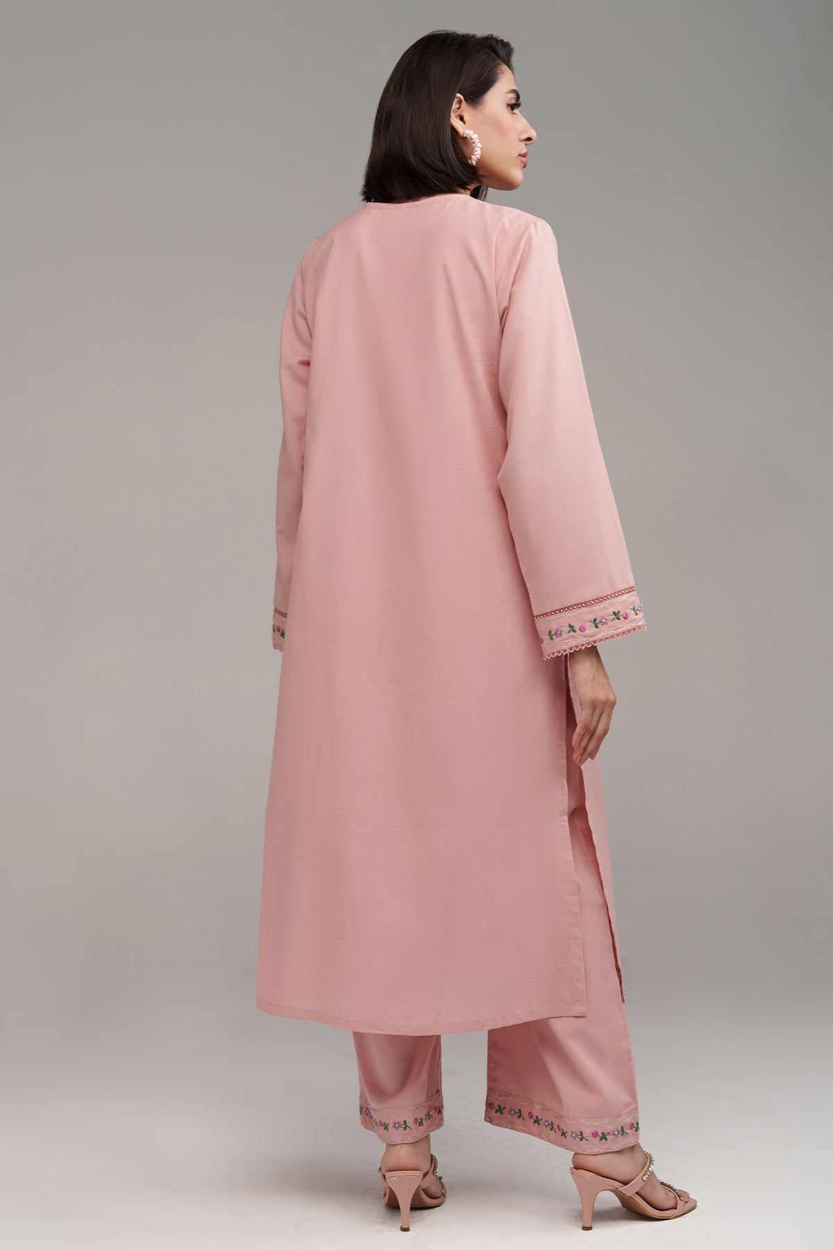 2 Pcs Tea Pink Embroidered Dress - 01 - Peach Republic