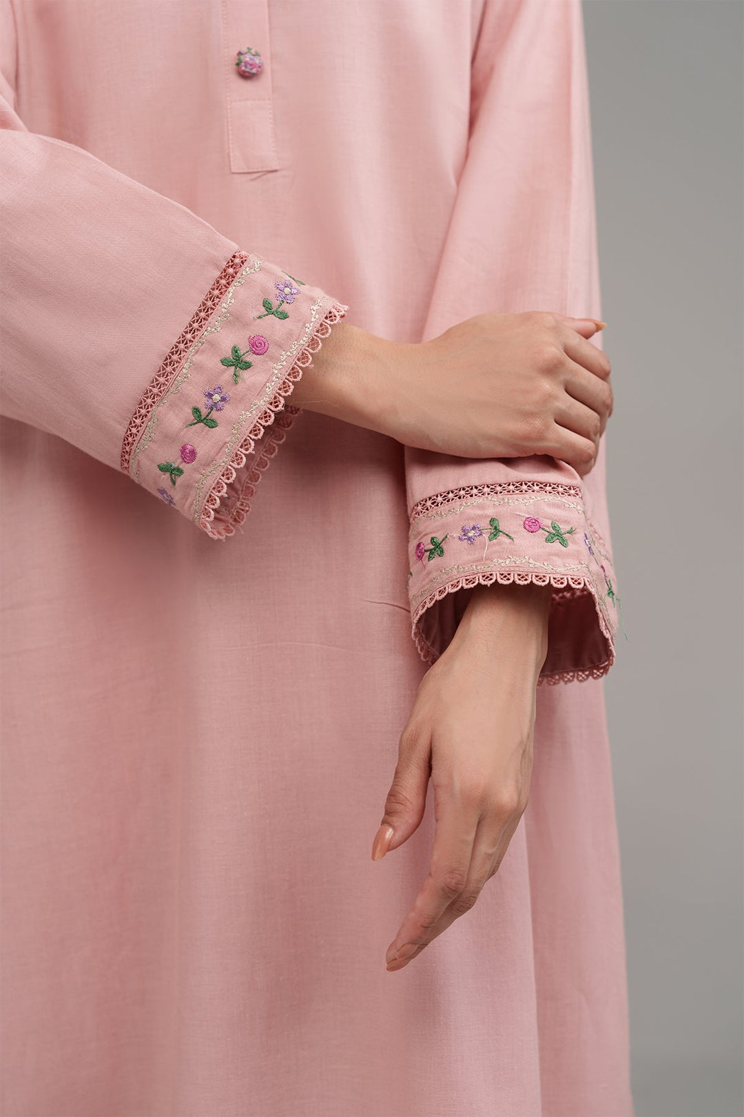 2 Pcs Tea Pink Embroidered Dress - 01 - Peach Republic